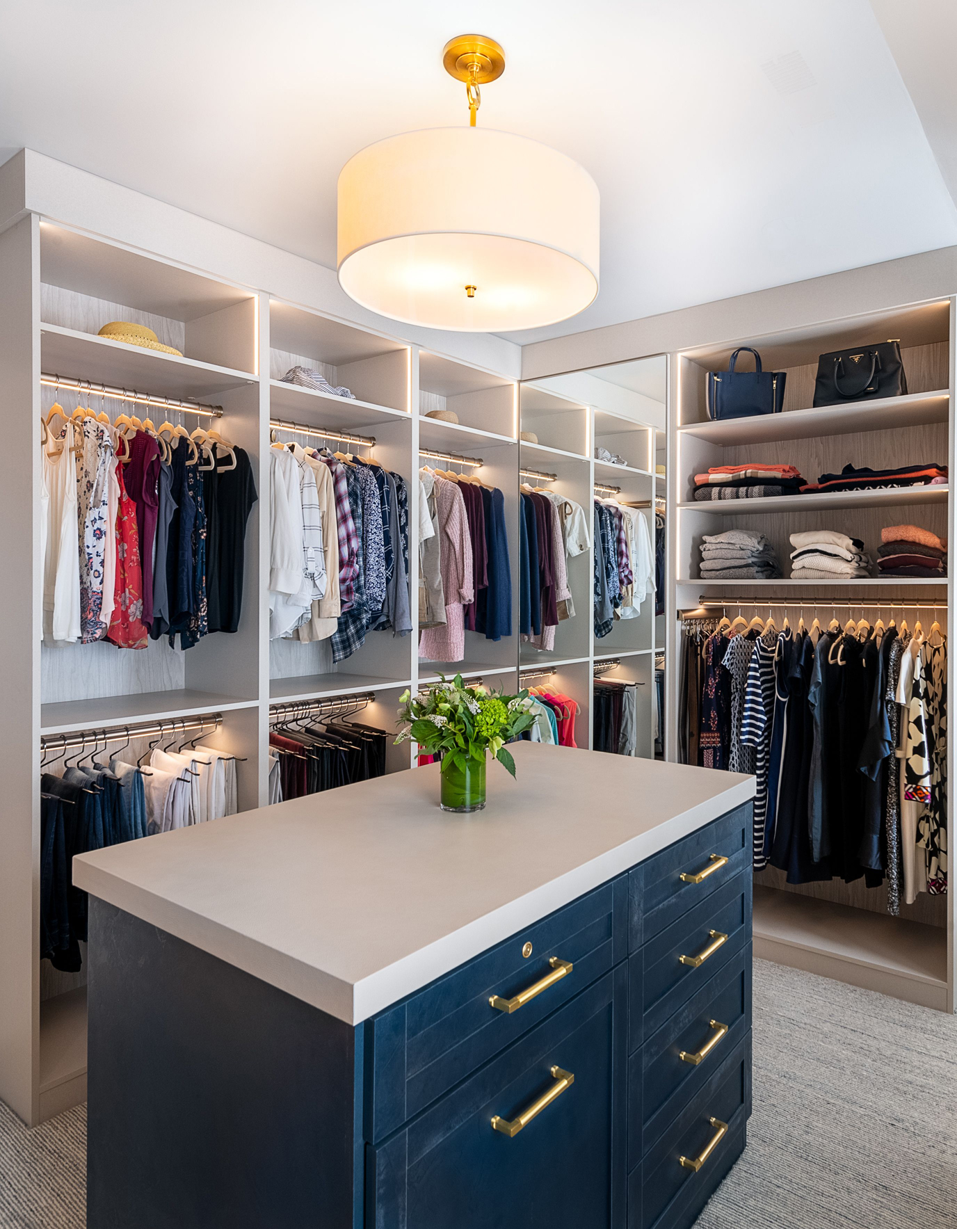 His and her closet strikes balance with texture and colors