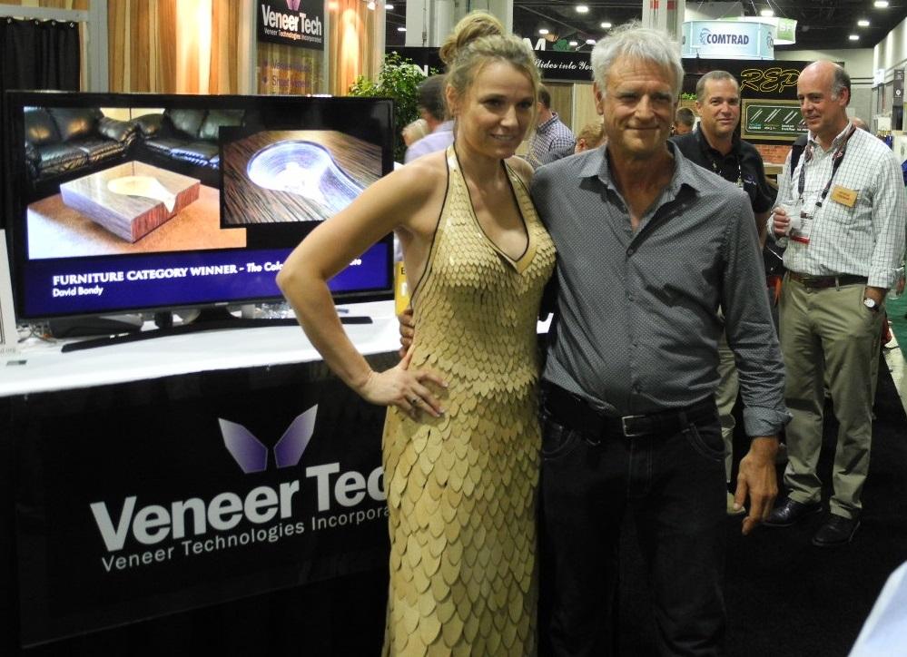 Paul Schurch with model in veneer dress