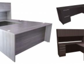 Image of three North American Laminate desks manufactured by Express Office Furniture. From left to right, a U shaped desk with hutch pictured in Stinson Gray, an L shaped desk in Espresso and a two person T shaped desk with hutch in Espresso
