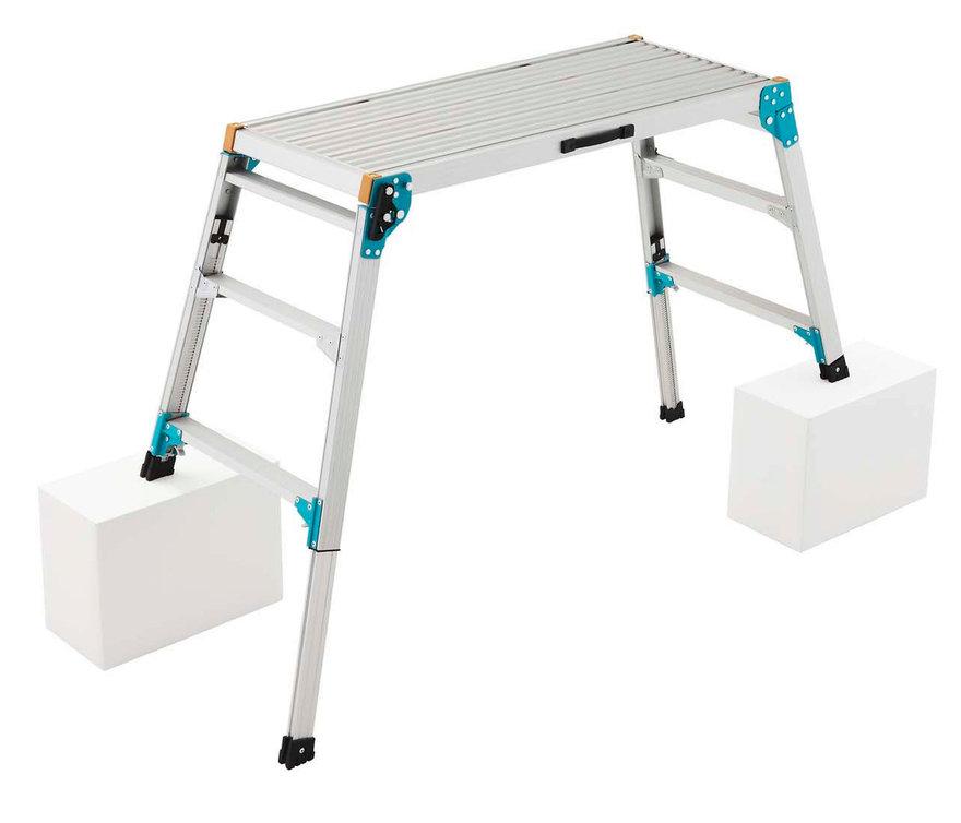 Portable work platform features legs that can be